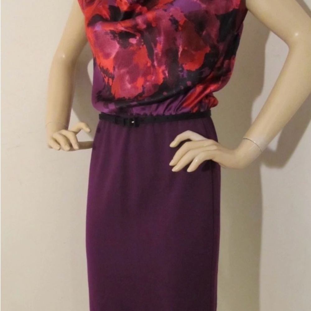 Elegant St. John Knits dress in a stunning violet multi-color floral print.